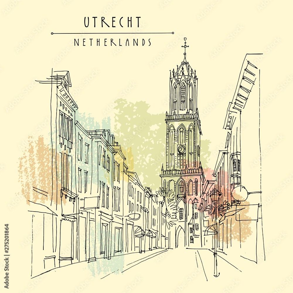 Utrecht, Netherlands, Europe. The Dom Tower (Cathedral Tower). Hand drawn vintage touristic postcard