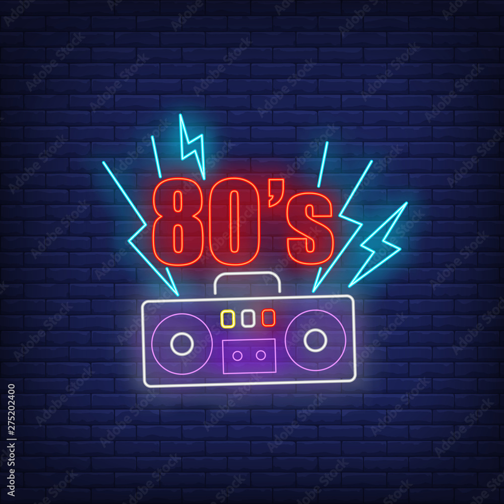 Eighties neon lettering with cassette player
