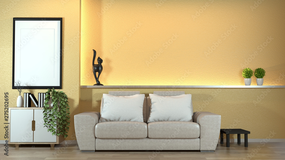 modern zen interior with sofa and green plants,lamp,decoration japanese  style on Yellow wall design hidden light. 3d rendering Stock Illustration |  Adobe Stock