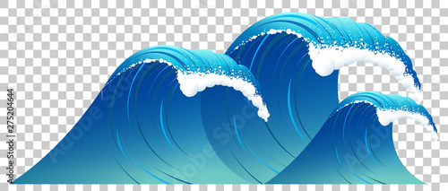 High blue wave with white foam isolated. Clear water on transparent background