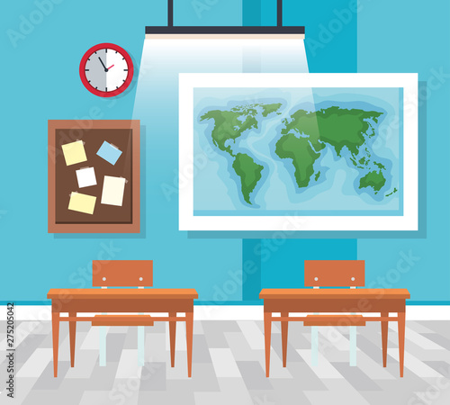 classroom with global map and note board with desks