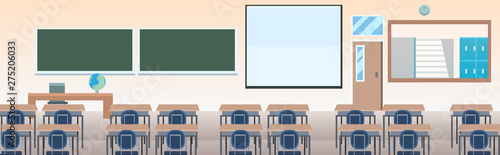 school classroom with furniture board desk empty no people class room interior flat horizontal