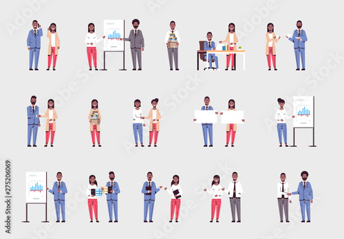 set businesspeople in different situations business people working process successful teamwork concepts collection african american male female colleagues flat full length horizontal