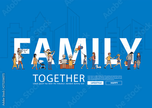 Vector happy family having fun life style idea concept with flat big letters in line city landscape buildings background, Vector illustration modern design layout template