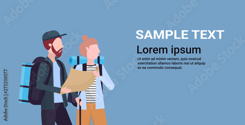 couple hikers with backpacks holding travel map man woman planning the route hiking concept travelers on hike portrait horizontal copy space flat