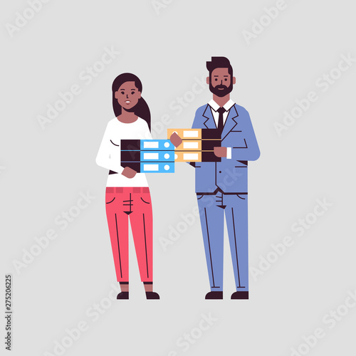 overworked businesspeople man woman holding folder stack african american couple overloaded coworkers standing together paperwork concept flat full length