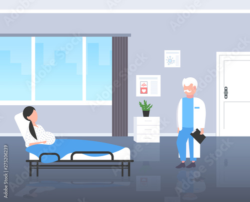 male doctor examining young pregnant woman lying in hospital bed gynecology consultation concept modern clinic interior flat full length vector illustration