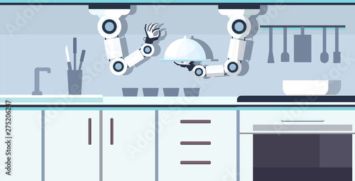 smart handy chef robot holding serving tray preparing food robotic assistant innovation technology artificial intelligence concept modern kitchen interior flat horizontal