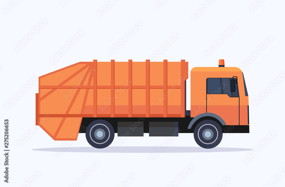 orange garbage truck urban sanitary vehicle residential and commercial waste transportation concept flat horizontal white background