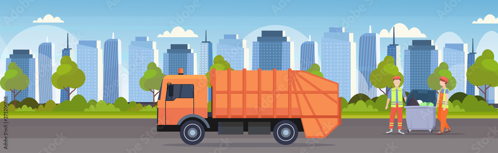 orange garbage truck urban sanitary vehicle couple workers in uniform loading recycling bins waste recycling concept modern cityscape background flat horizontal banner