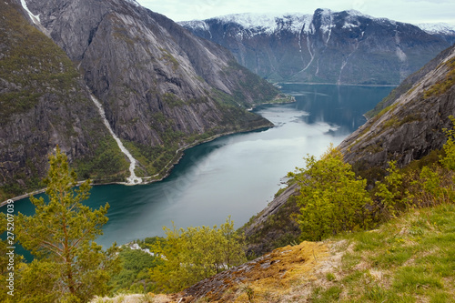 view from the top to the fjord simadals in norway in gloomy weather