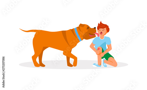 Dog licked on the boy cheek