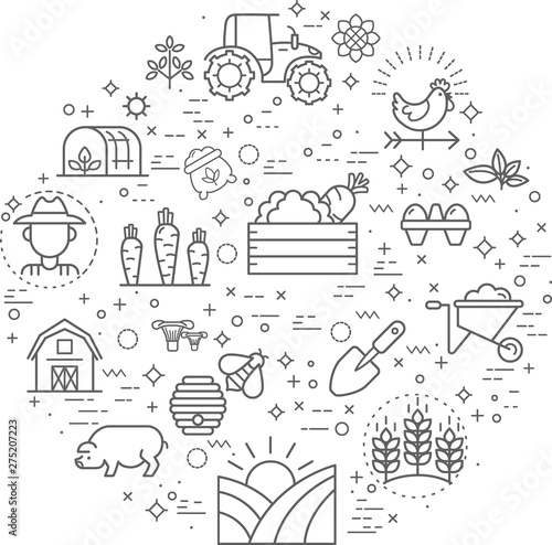 Simple Set of farm and agriculture Related Vector Line Illustration. Contains such Icons as apiculture, farming, organic and more. Modern style line drawing and background color white.