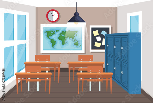 lockers with desk and global map in the classroom