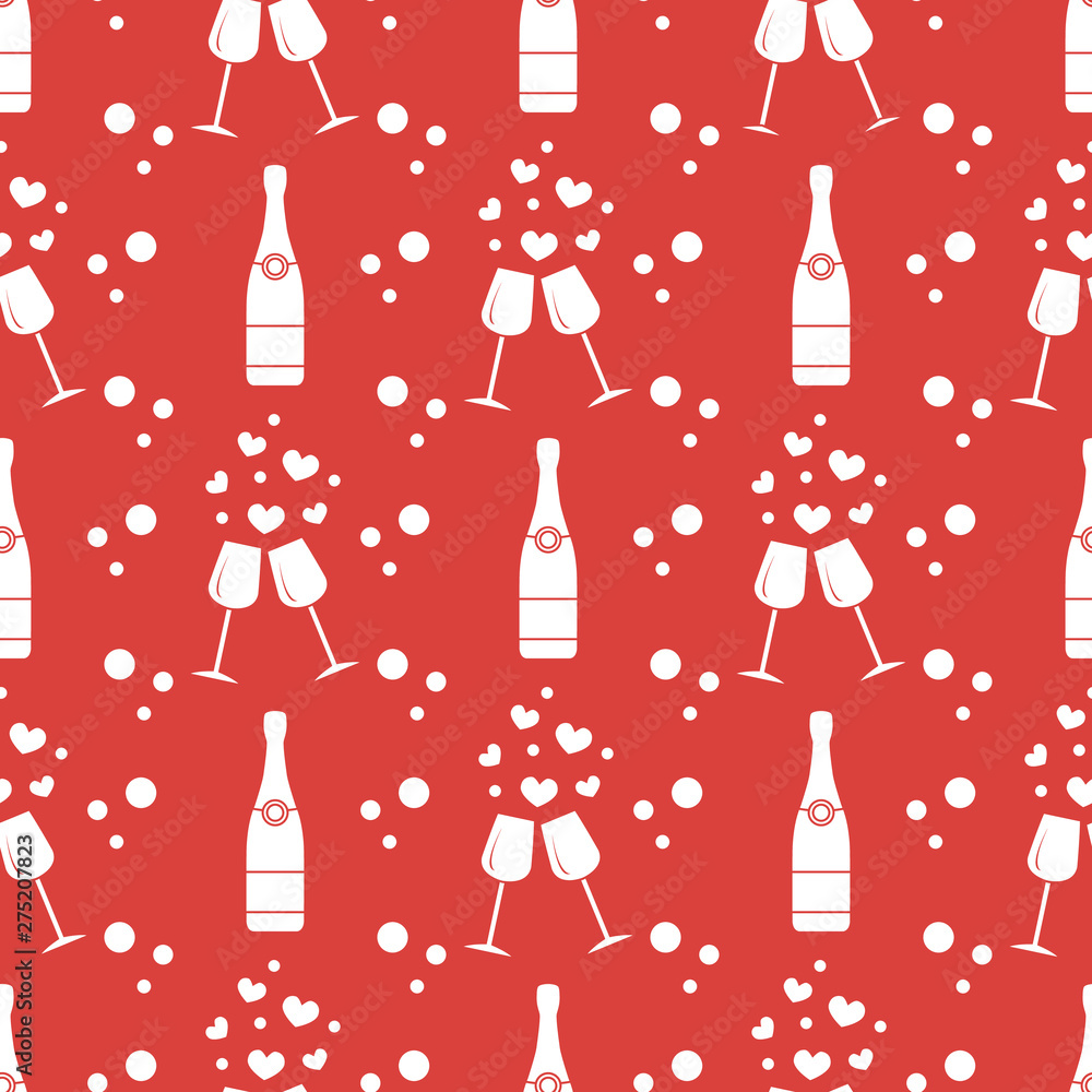 Seamless holiday pattern. Hearts, glasses, bottle Seamless holiday pattern. Hearts, glasses, bottle