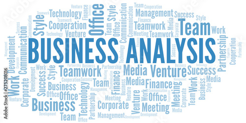 Business Analysis word cloud. Collage made with text only.
