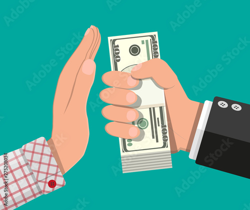 Hand giving money to other hand. Hand full of dollar banknotes. Hidden wages, salaries black payments, tax evasion, bribe. Anti corruption concept. Vector illustration in flat style