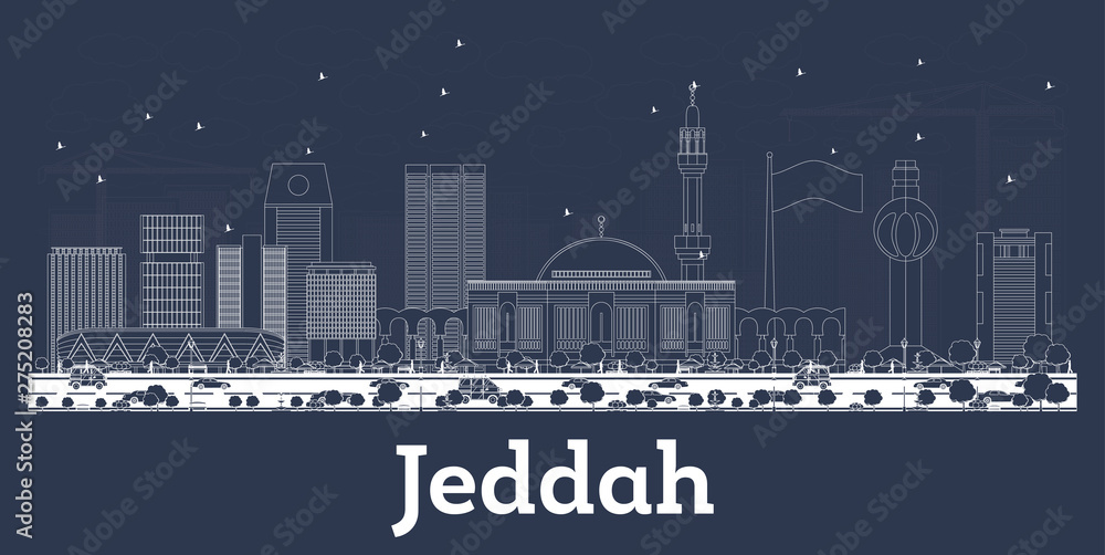 Outline Jeddah Saudi Arabia City Skyline with White Buildings.