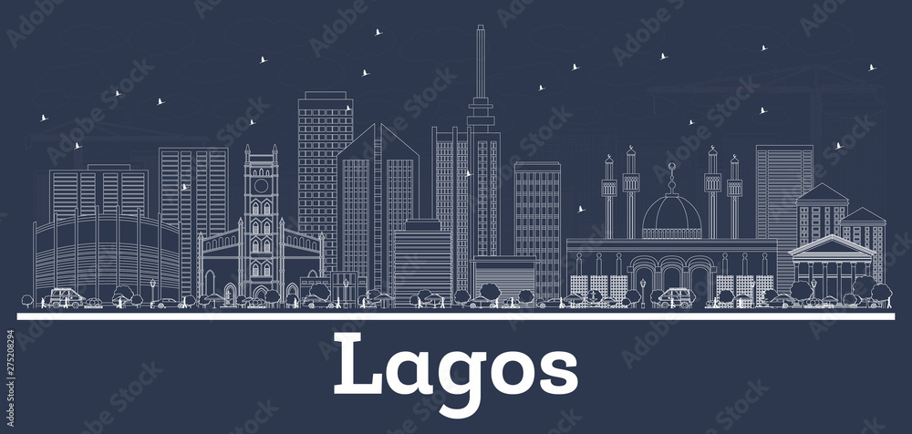 Outline Lagos Nigeria City Skyline with White Buildings.