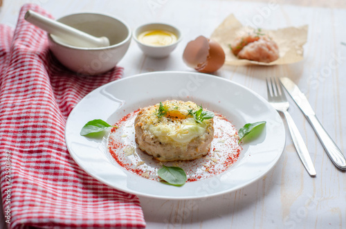 Bird nest recipe - meat nests , baked minced meat cutlet stuffed with eggs and cheese. Healthy food © Zkolra