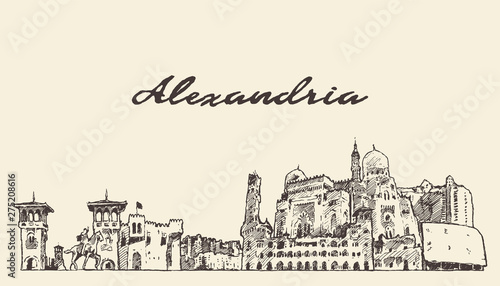 Alexandria skyline Egypt hand drawn vector sketch