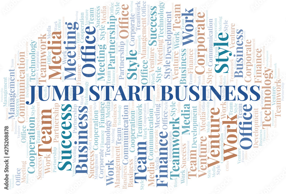 Obraz premium Jump Start Business word cloud. Collage made with text only.