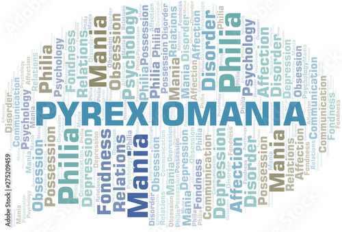 Pyrexiomania word cloud. Type of mania, made with text only.