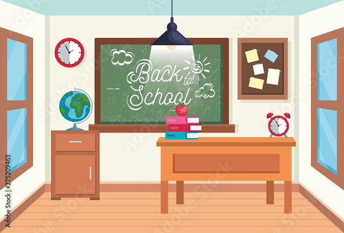 classroom with blackboard and note board with books and apple