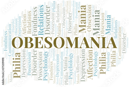 Obesomania word cloud. Type of mania, made with text only.