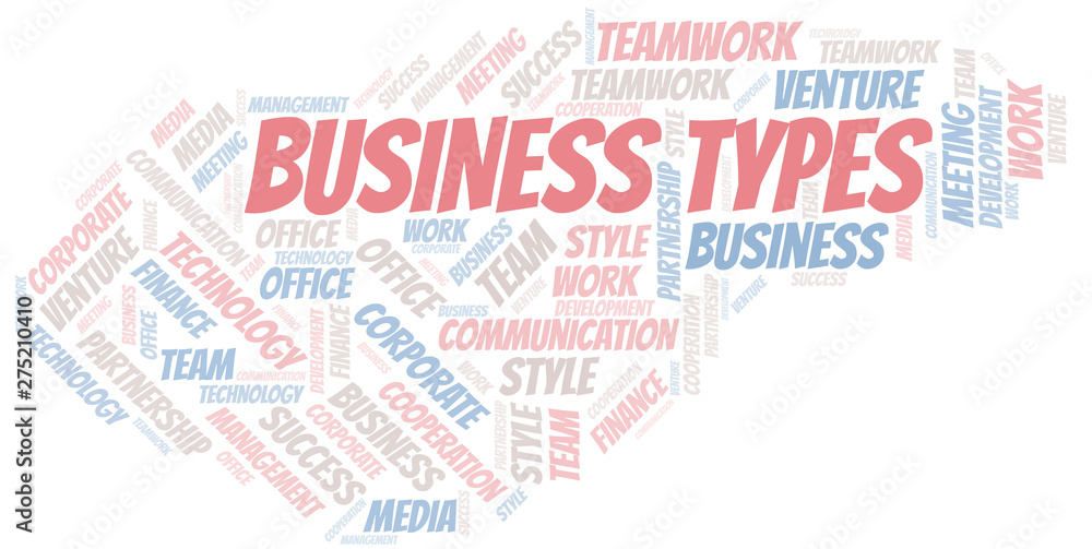 Business Types word cloud. Collage made with text only.