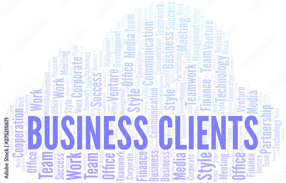 Business Clients word cloud. Collage made with text only.