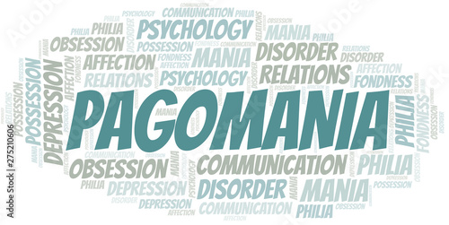 Pagomania word cloud. Type of mania, made with text only.