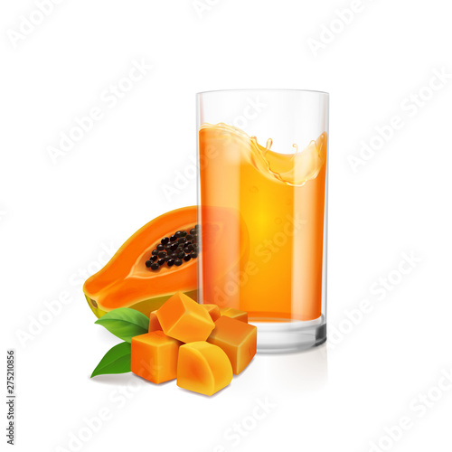 Papaya juice in drinking glass and fresh fruit realistic vector