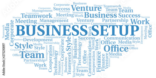 Business Setup word cloud. Collage made with text only.