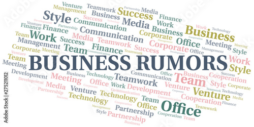 Business Rumors word cloud. Collage made with text only.
