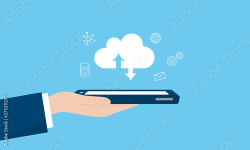 SaaS（サース）、software as a service、スマホと手のイメージ、ベクターイラストレーション