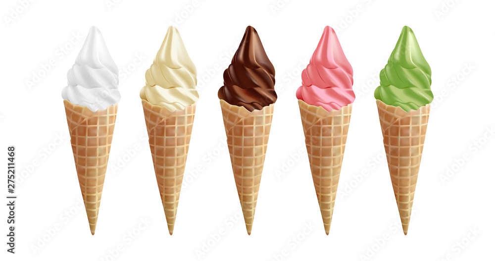 white, pistachio, vanilla, fruit and chocolate ice cream in the cone waffle on white background white, pistachio, vanilla, fruit and chocolate ice cream in the cone waffle on white background
