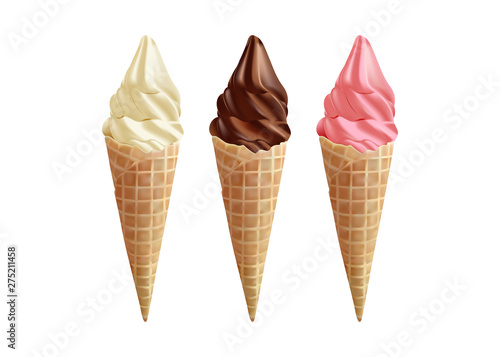 vanilla, fruit and chocolate ice cream in the cone waffle on white background