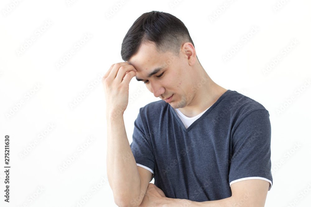 Process, problem, people concept - young man thinking about problem Process, problem, people concept - young man thinking about problem