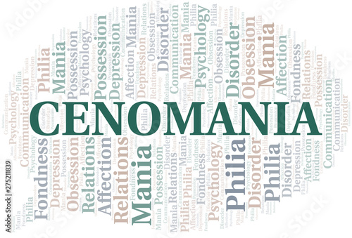 Cenomania word cloud. Type of mania, made with text only.