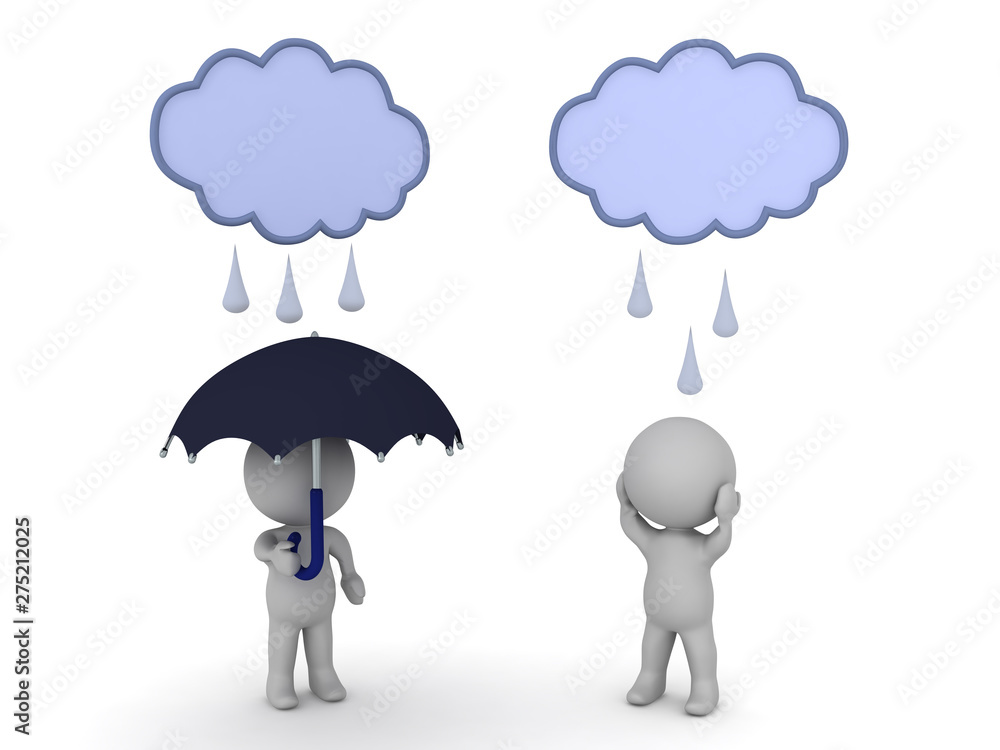Two 3D Characters standing under the rain, one of them has umbrella Two 3D Characters standing under the rain, one of them has umbrella