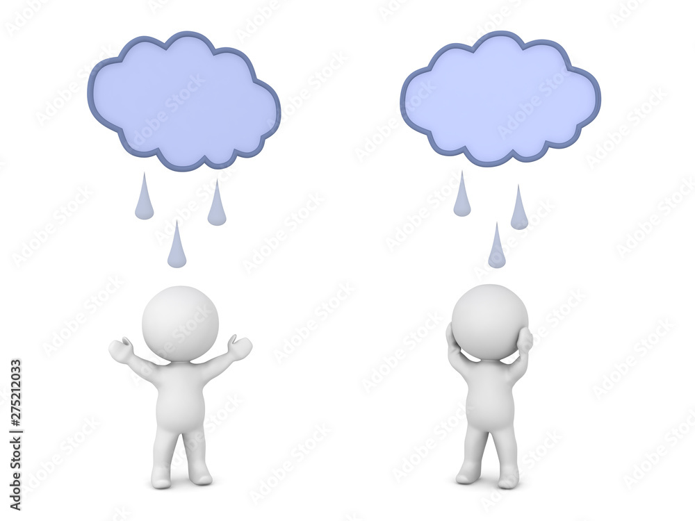 One 3D Character is happy under rain while the other is sad