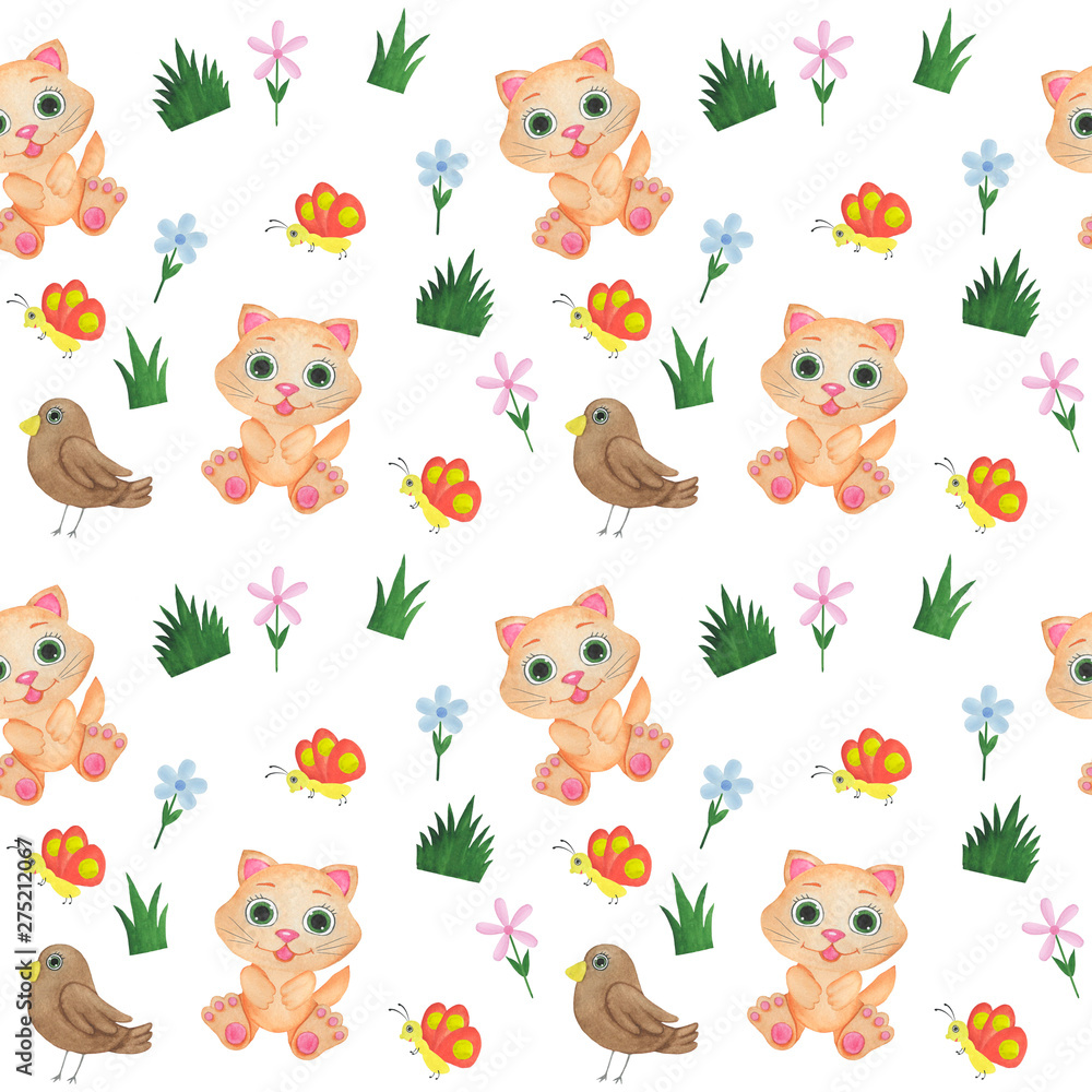 Naklejka premium Seamless pattern Animals watercolor children illustration bird cat butterfly flowers design children's rooms wallpaper textiles digital paper