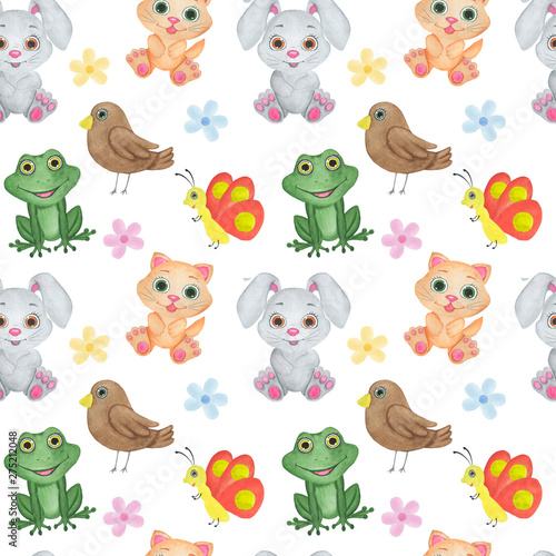  Seamless pattern Animals watercolor children illustration hare frog cat butterfly flowers bird design children s rooms wallpaper textiles digital paper