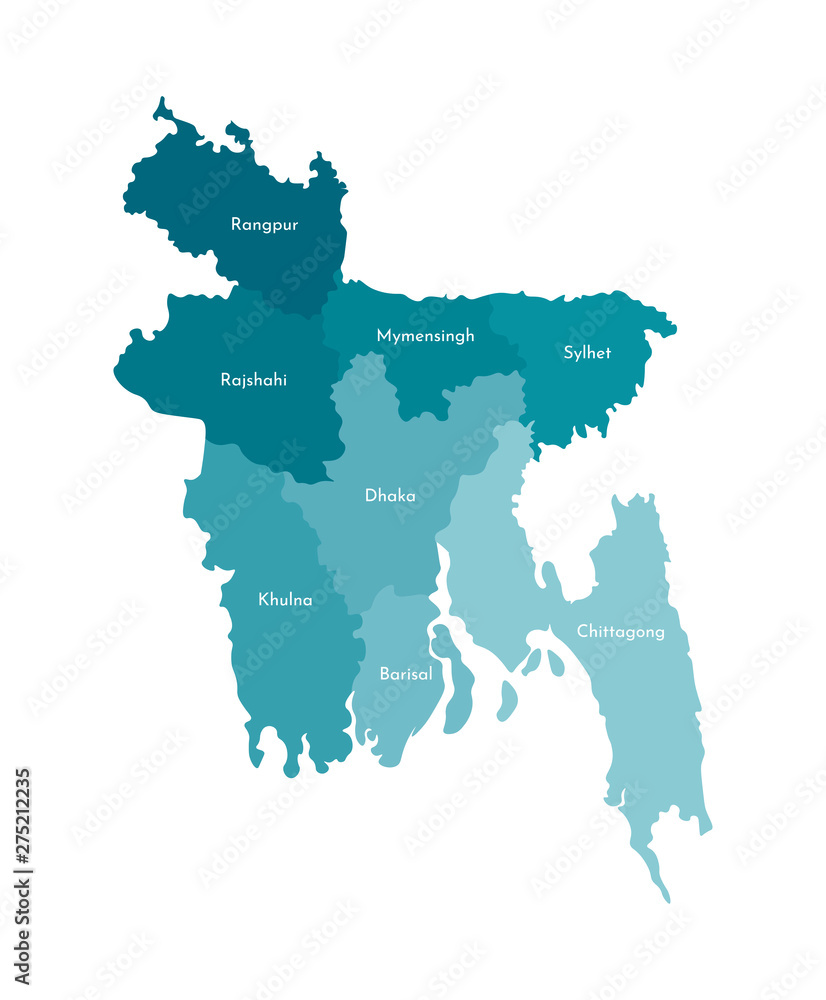 Obraz premium Vector isolated illustration of simplified administrative map of Bangladesh. Borders and names of the regions. Colorful blue khaki silhouettes.