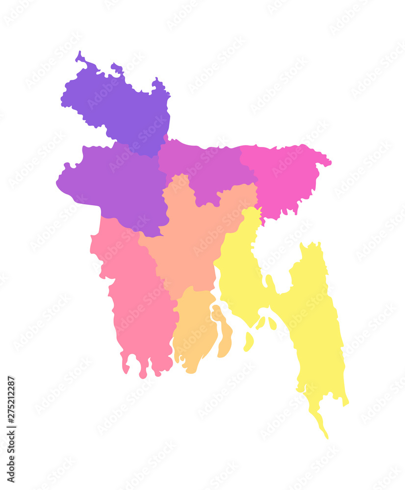 Vector isolated illustration of simplified administrative map of Bangladesh. Borders of the regions. Multi colored silhouettes