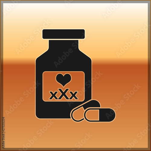Black Medicine bottle with pills for potency, aphrodisiac icon isolated on gold background. Sex pills for men and women. Vector Illustration