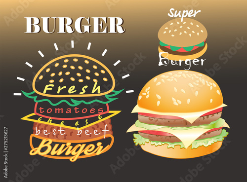 Vector set of different super colored delicious burgers 