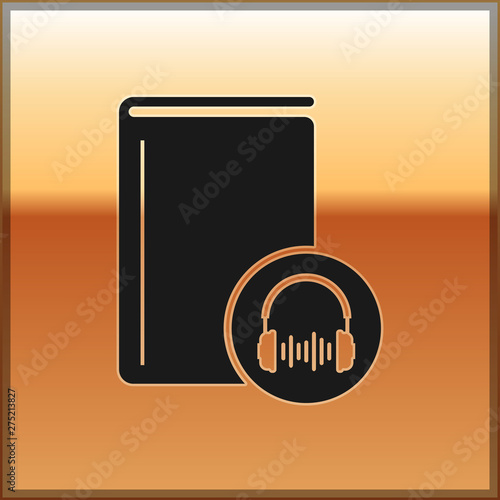 Black Audio book icon isolated on gold background. Book with headphones. Audio guide sign. Online learning concept. Vector Illustration