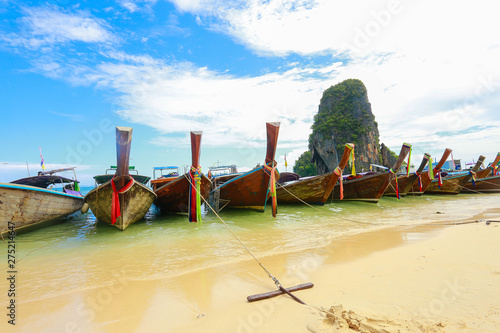 Many Boats On Beautiful Tropical Sand Beach, Krabi, Thailand